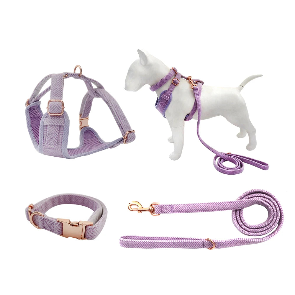 2025 New Soft Comfortable Winter Plaid Adjustable No Pull Tactical Tweed Dog Harness Set and Collar Leash Set Backpack