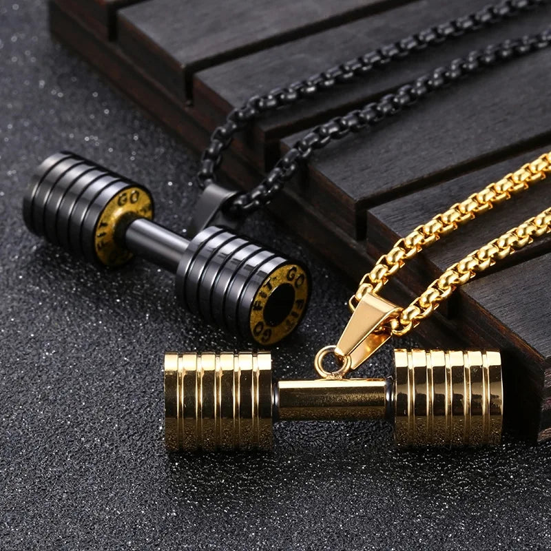 DAICY Top Quality 18k Gold Plated Mens Fitness Stainless Steel Dumbbell Pendant necklace Jewelry