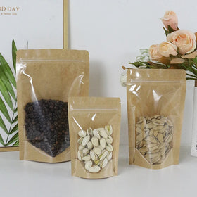 Brown Kraft Paper Doypack Packaging Pouches Clear Window Resealable Ziplock Heat Sealable Design Food Storage Bag Stand Pet Food