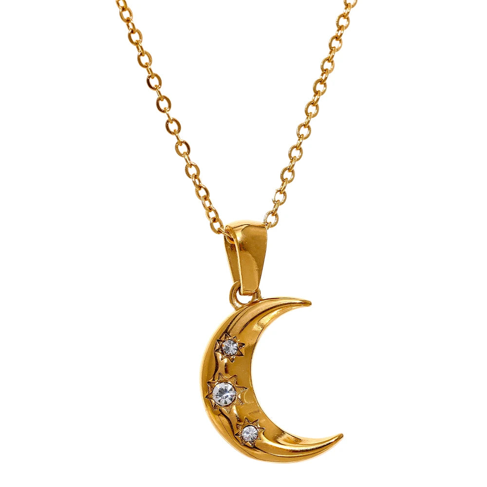 JINYOU 1321 Charm Chic Fashion Stainless Steel North Star Moon Cubic Zircon Pendant Necklace 18k Gold Plated Jewelry Women