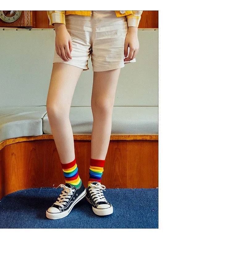 New Fashion Women's Rainbow Striped Pride Moon Socks 80% Cotton Knitted Casual Anti-Slip Street Personality Rainbows