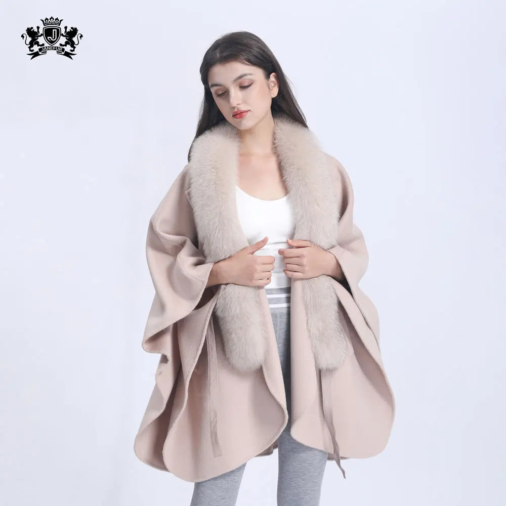 Janefur Wholesale Fashion Woman Lamb Cashmere Outwear Real Fox Fur Collar Wool Winter Coat