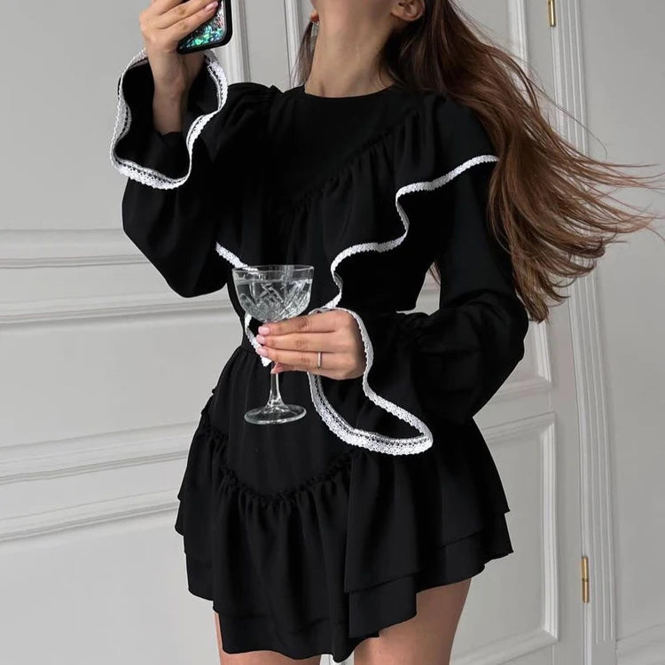 Boutique Womenswear Buttoned Lace Trim High Waist Flared Long Sleeve Ruffle Black Dresses Women Lady Elegant Short Dress