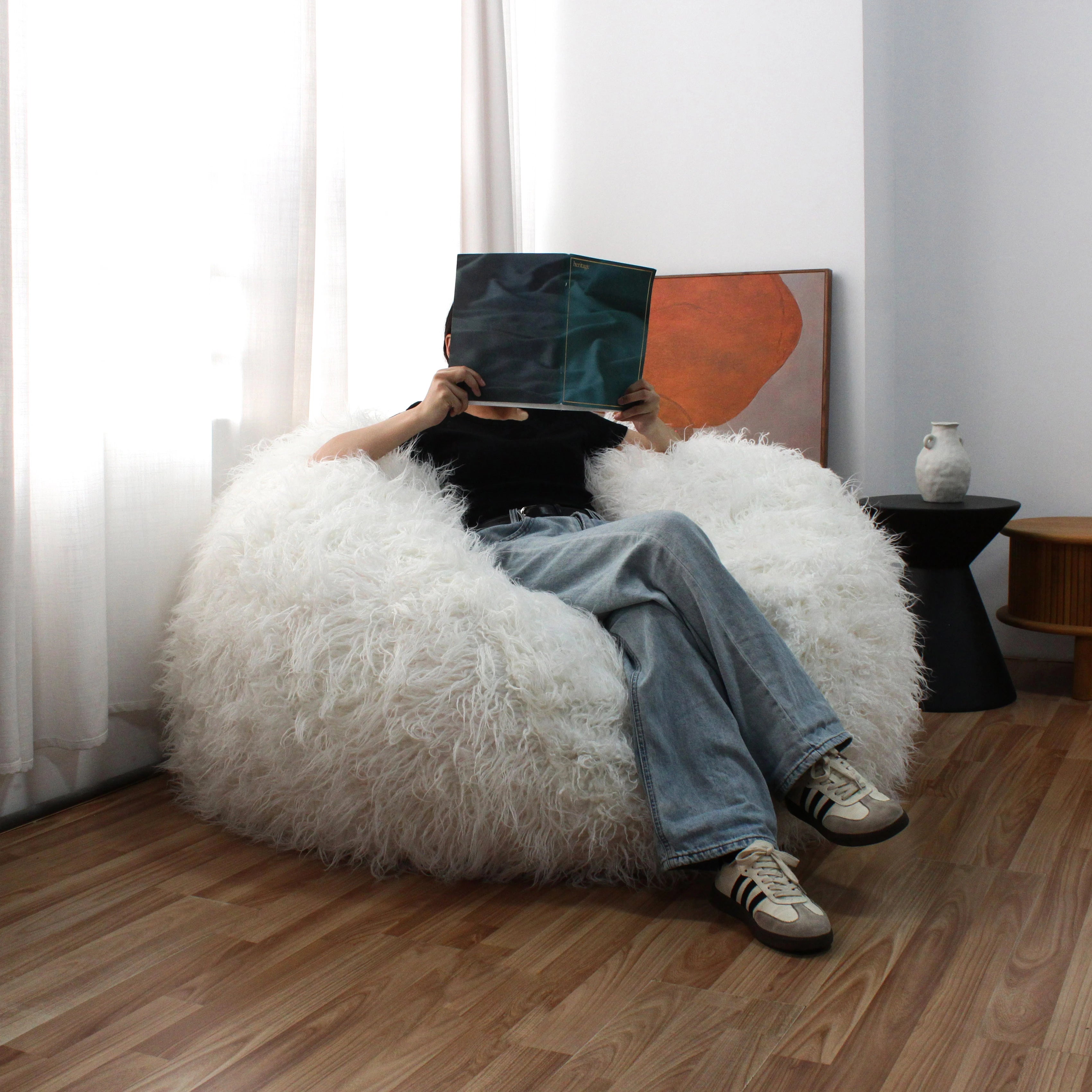 Wholesale Spot Lazy Sofa Bean Bag Faux Fur Giant White Crushed No Filling Bedroom Living Room Giant Foam Sofa