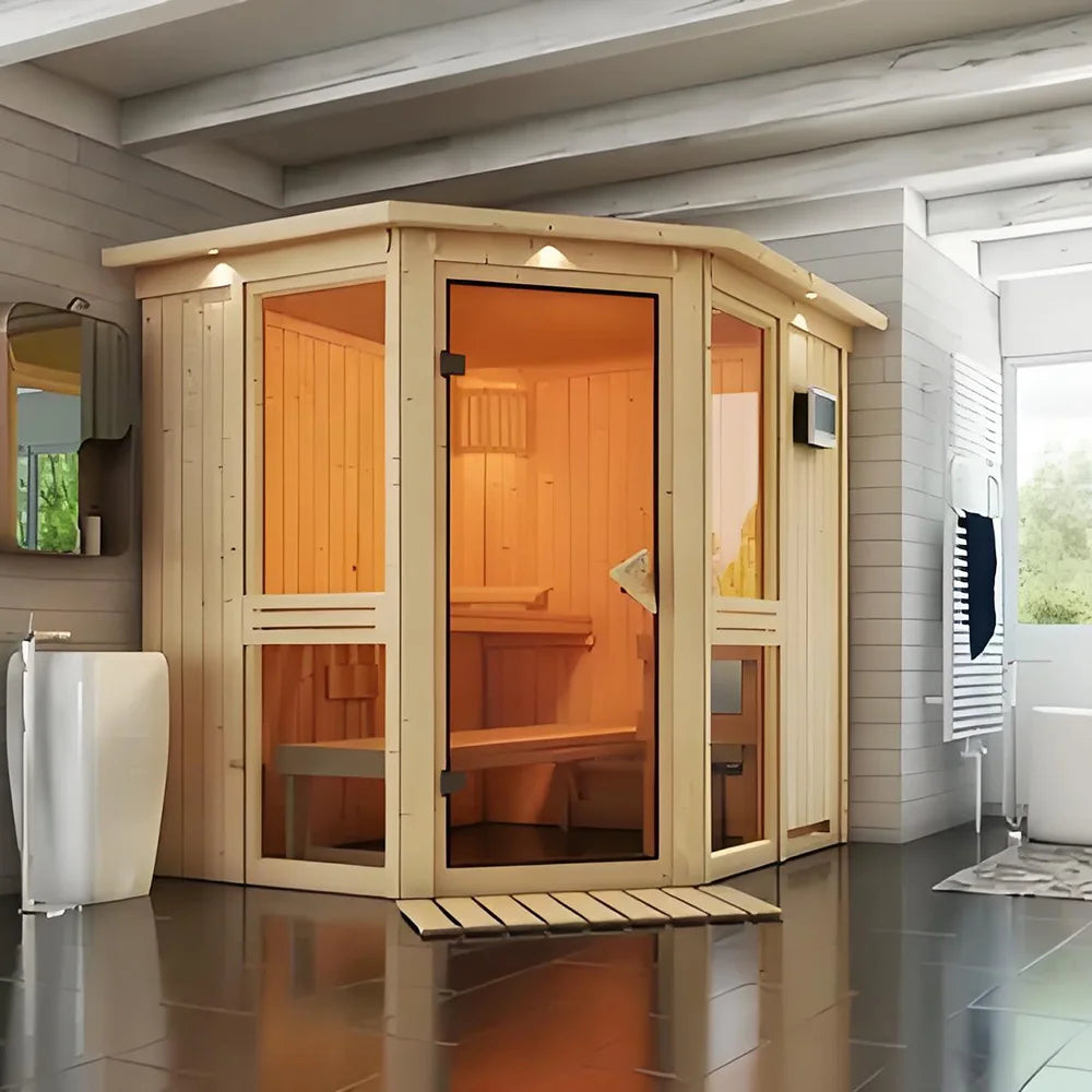 Solid Hemlock Dry Heat Home Sauna Room One-Person Mini Corner Import Sauna with Electric Heating and Wet Steam Function