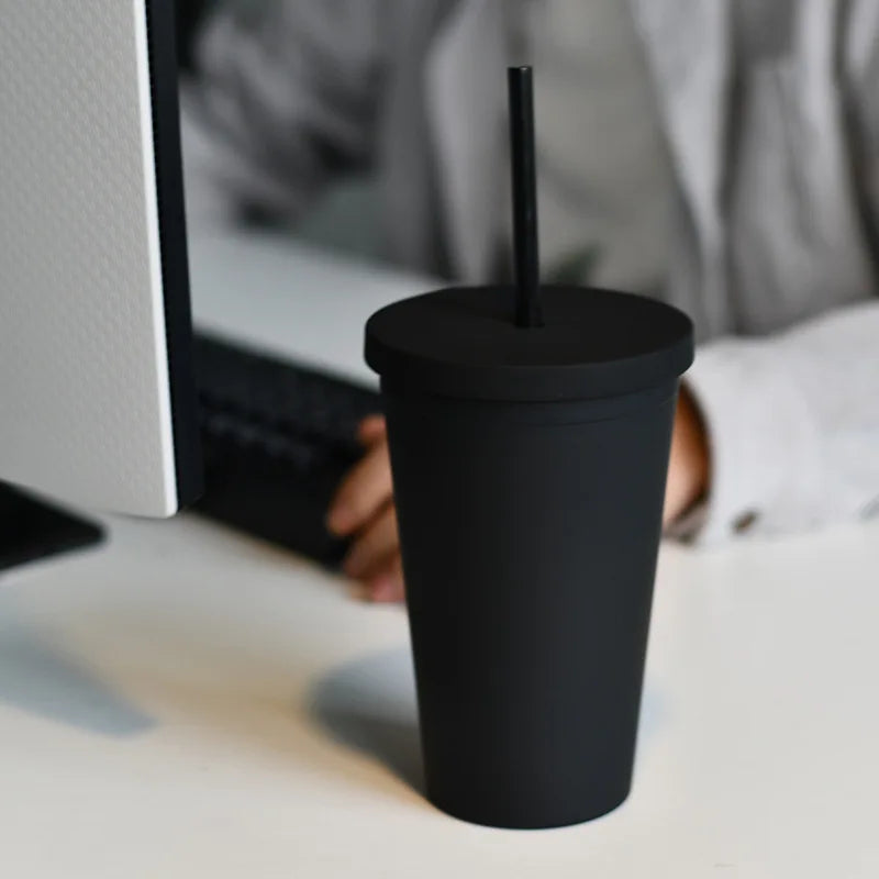 Wholesale Straw Cup Plastic 16 oz Skinny Tumbler Water Milk Coffee Mugs Candy Color Slim Juice Acrylic Cup with Straw and Lid
