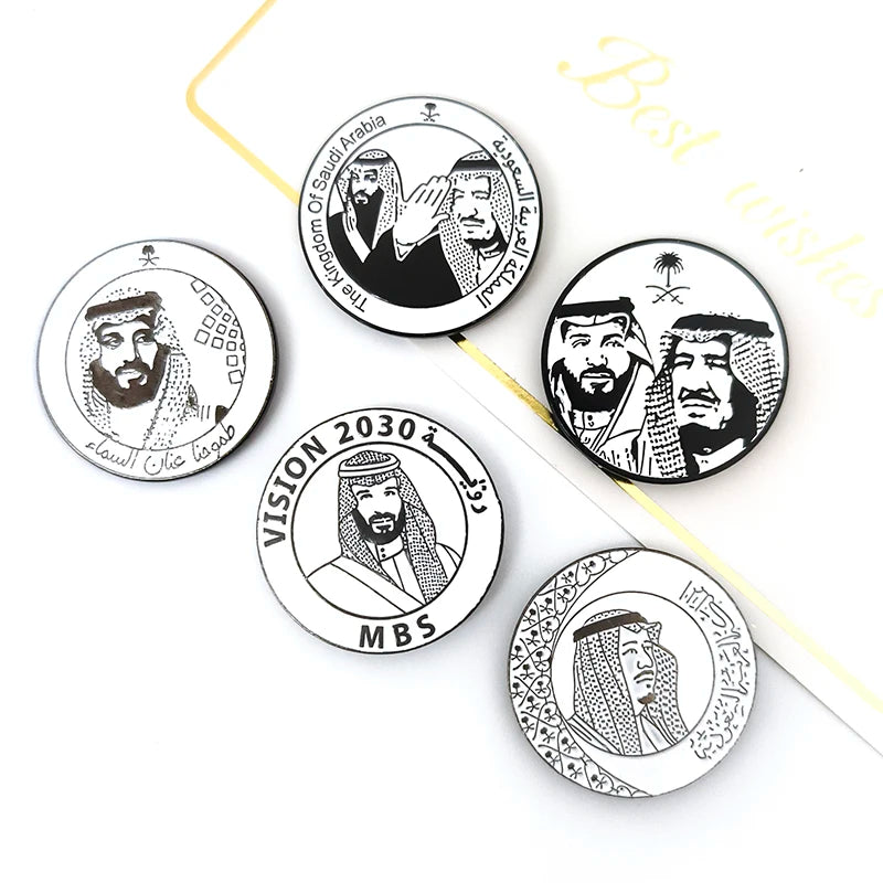 Black Nickel Saudi National Day Brooches Pins Prince Mohamed Bin Salman Mohammed Ben Abdulaziz MBS Magnetic Pin Badge