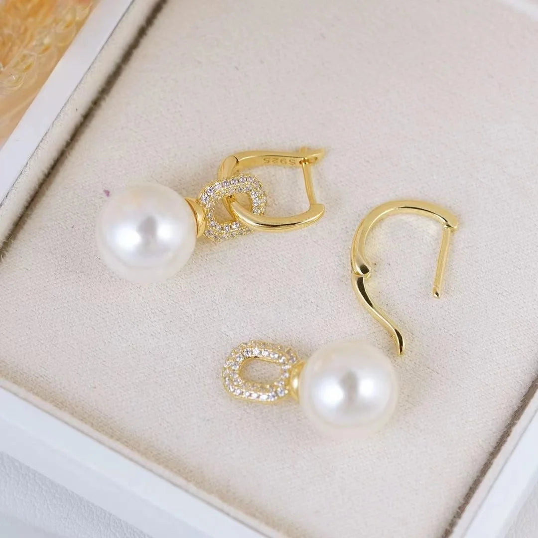 E2280 11-12mm DIY Natural Freshwater Pearl Charm Earrings Mounting Accessory 925 Sterling Silver Gold Plated  Jewelry for Women