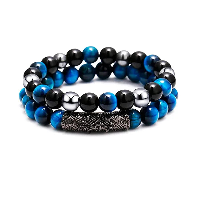 Natural Stone Tiger Eye Gemstone CZ Pave Charm Black Agate Hematite Beads Anchor Charm Beads Bracelet Set Women Men