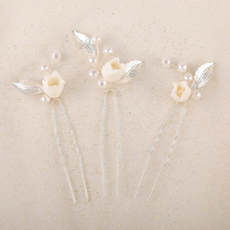 SLBRIDAL Handmade Alloy Leaf Ceramic Flower Pearls Bridal Hair Pin Wedding Hair Sticker Women Jewelry Hair Accessories