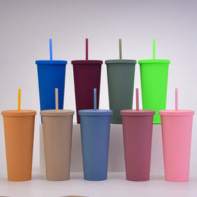 Reusable 22oz Double Wall Colored Acrylic Matte Black Plastic Bulk Cold Drinks Tumbler Cups with Lid and Straw