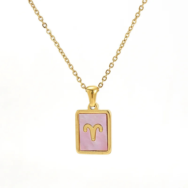 Zodiac Necklace Gold Plated Stainless Steel Charms Pink Shell Women 12 Horoscope Sign 18k Gold Plated Necklace