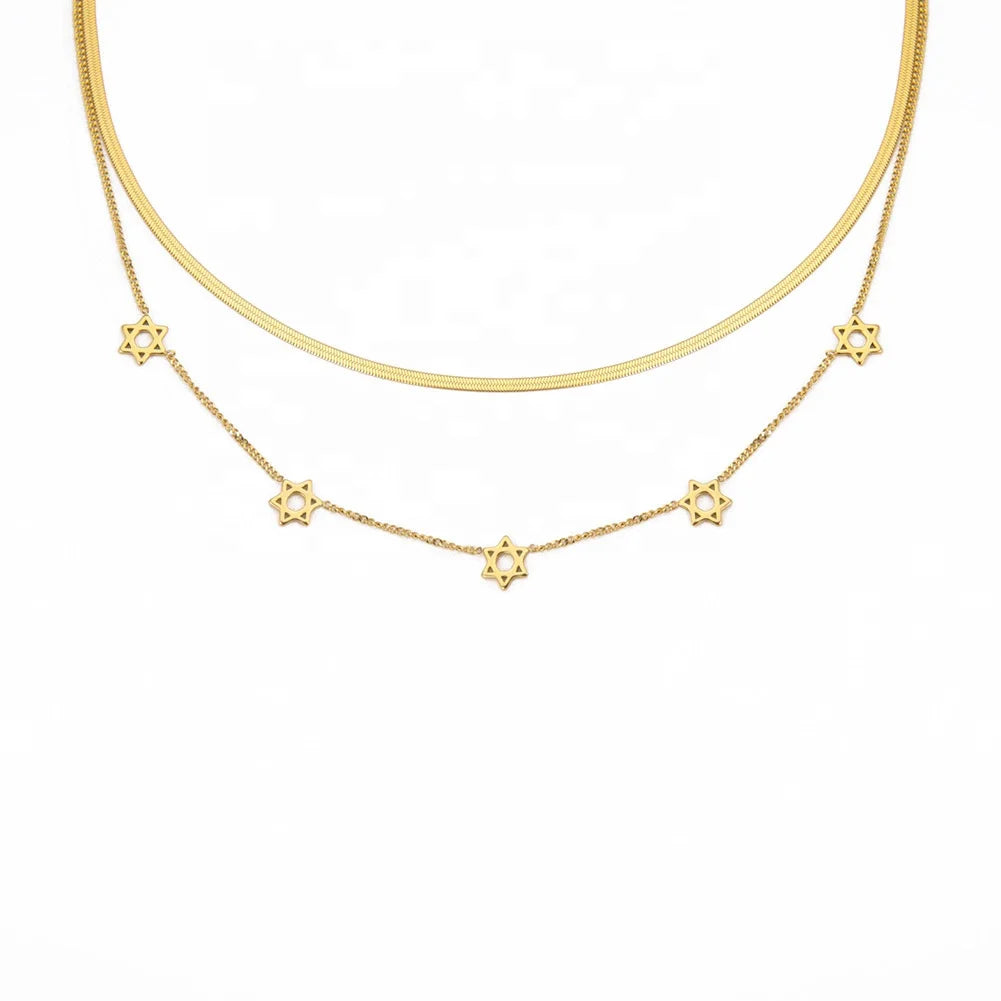 Women's Stainless Steel Gold Plated Double Layer Jewish Star Charm Necklace Ethnic Link Chain with Hexagon Pattern