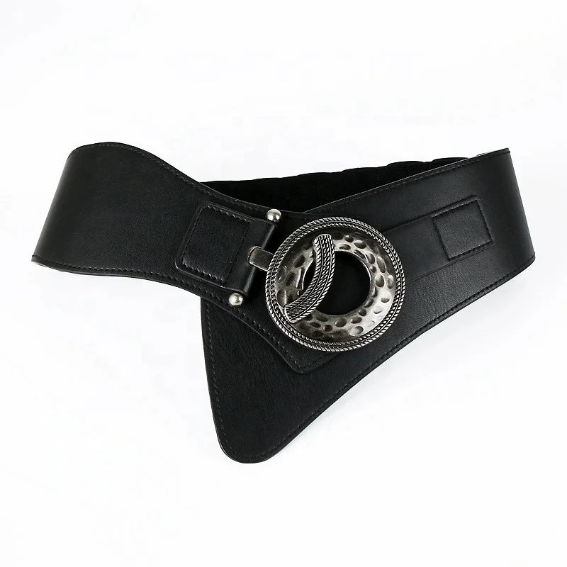 Retro Stretch PU Waist Belt for Ladies Wide Elastic Waist Seal With Alloy Round Buckle Trendy Accessories