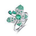 YBO Customizable 18K White Gold Plated Wedding Ring Adjustable Women's Butterfly Cubic Zircon Emerald Gemstone Oval Cut Party