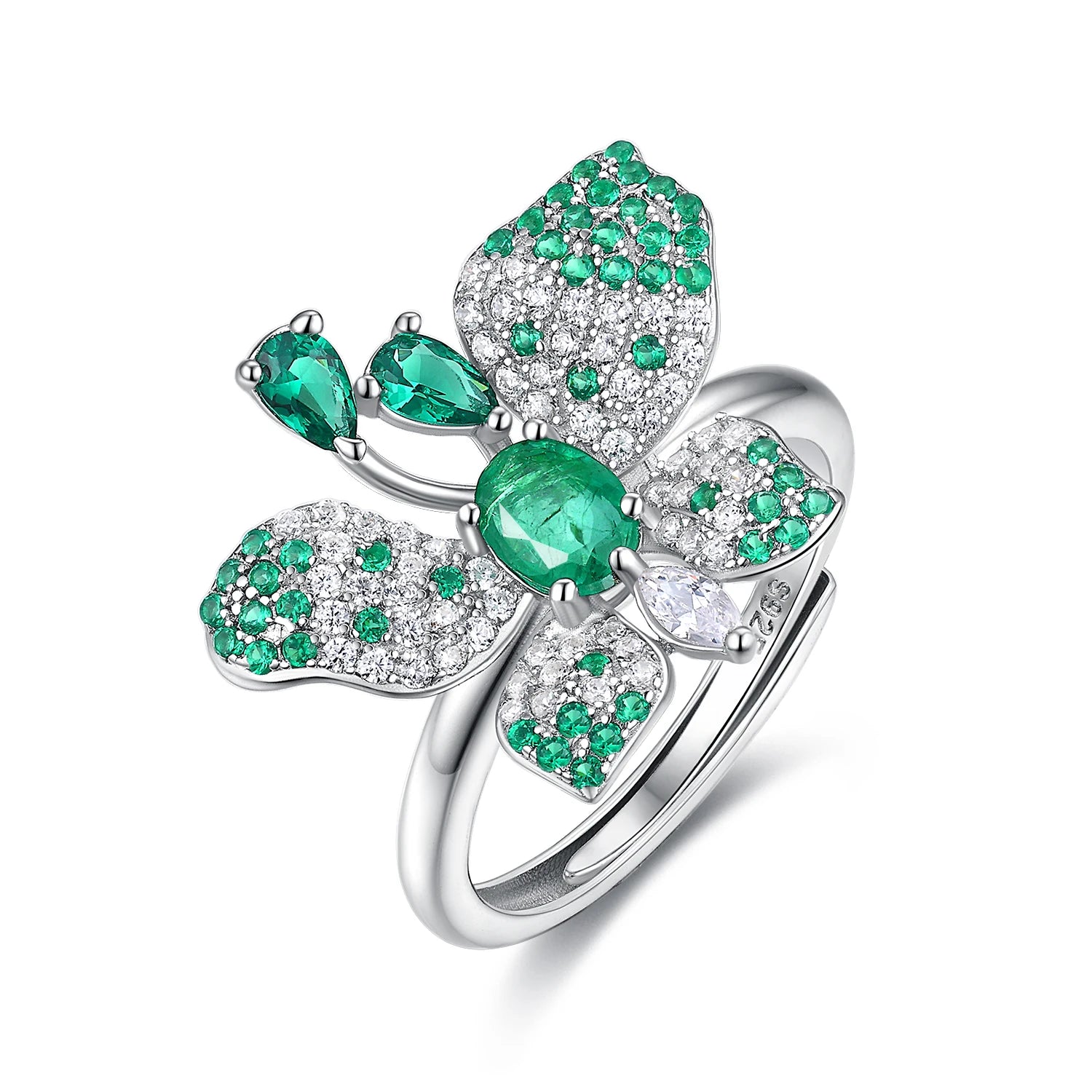 YBO Customizable 18K White Gold Plated Wedding Ring Adjustable Women's Butterfly Cubic Zircon Emerald Gemstone Oval Cut Party