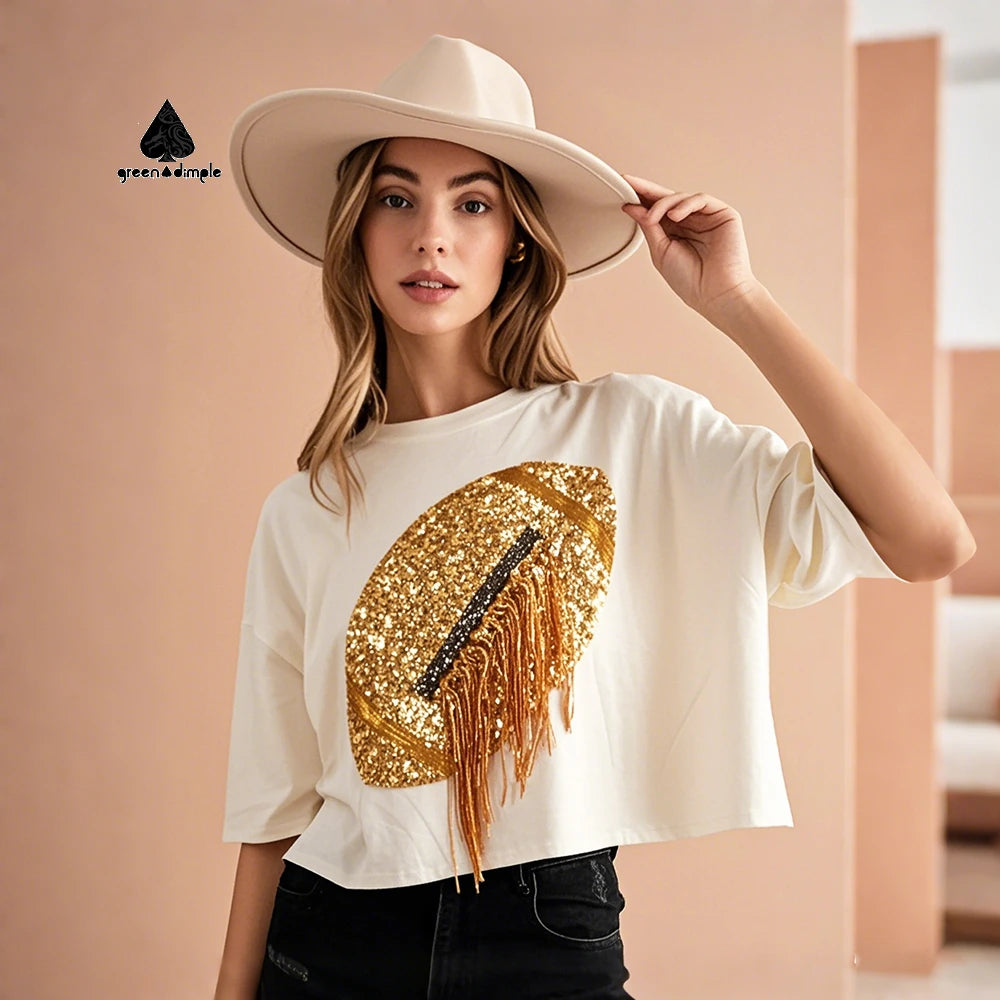 Custom Tshirts with logo Design Sequin Embroidery Short Pro Club T-shirts Crop Top Breathable Fashion Outfit T Shirt for Women