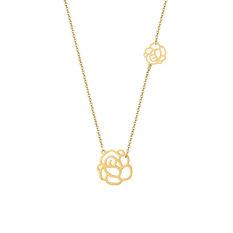 Non Tarnish 18K Gold Plated Rose Flower Necklace for Women Fashion Waterproof Dainty Stainless Steel Flower Necklace for Summer