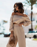 S-XL New Short Sleeve Off Shoulder Top Straight Pants Set Solid Color Commuting Two-piece Set