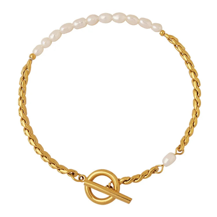 Hot Sale Fashionable New Designs Creative Gold Plated Fresh Water Pearl Beads Stainless Steel Womens Bracelet