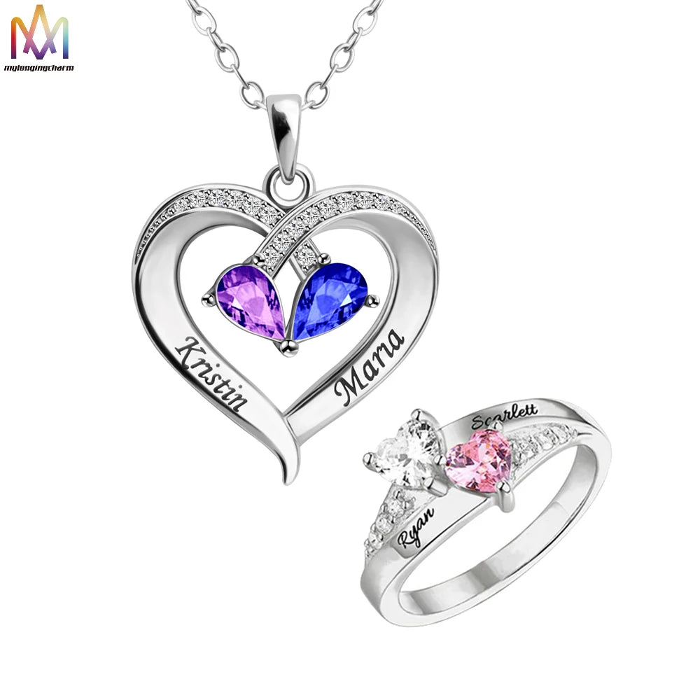 Custom Name Birthstone Necklace and Ring Set Women Jewelry Accessories Set Wholesale