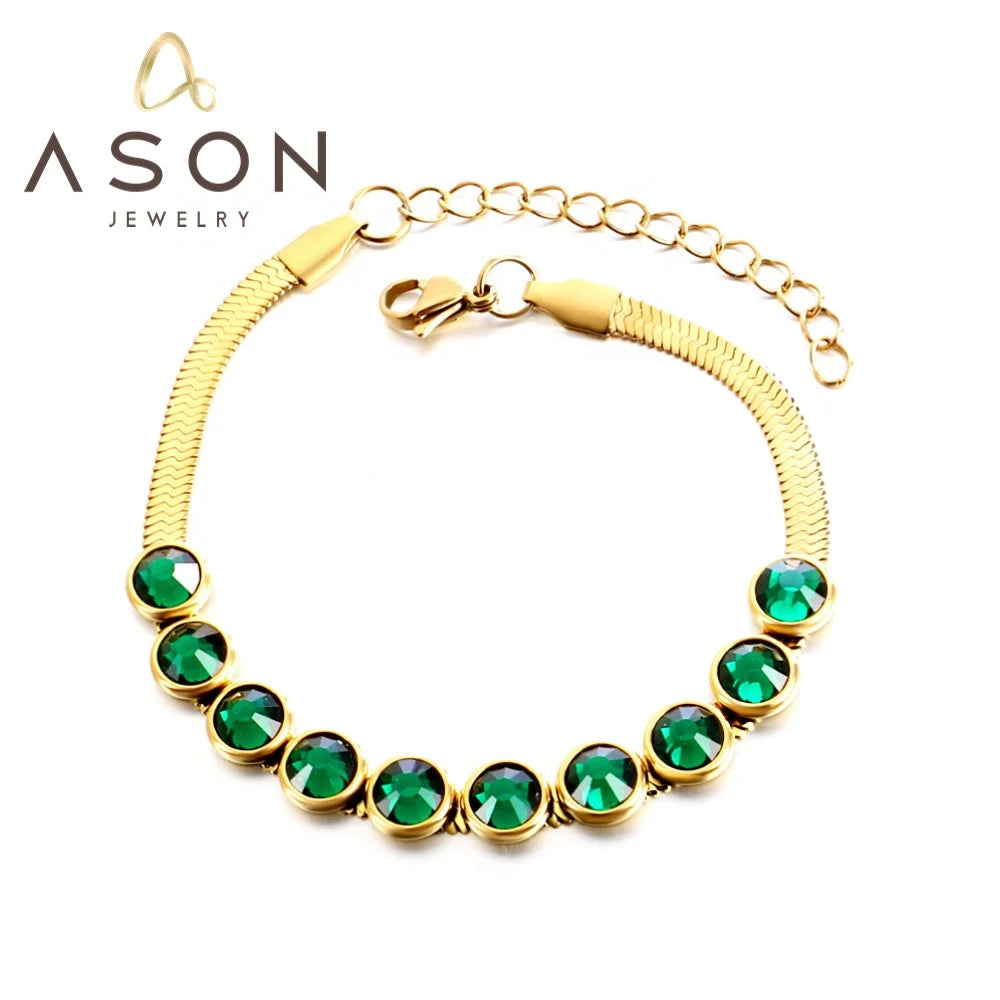 Ason Simple Gold Plated Bracelet Women Stainless Steel Jewelry Green Zircon Bracelets Bangles Snake Chain Bracelet