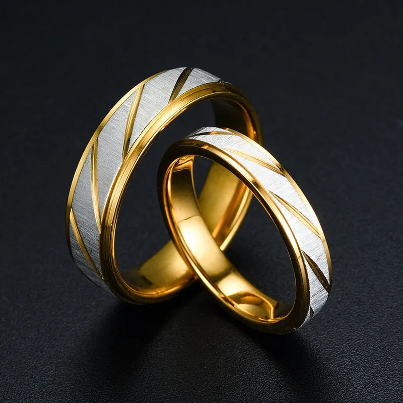 Trendy Valentine's Day Gift 18K Gold Plated Non Tarnish Stainless Steel Twill Frosted Couple Finger Rings Jewelry