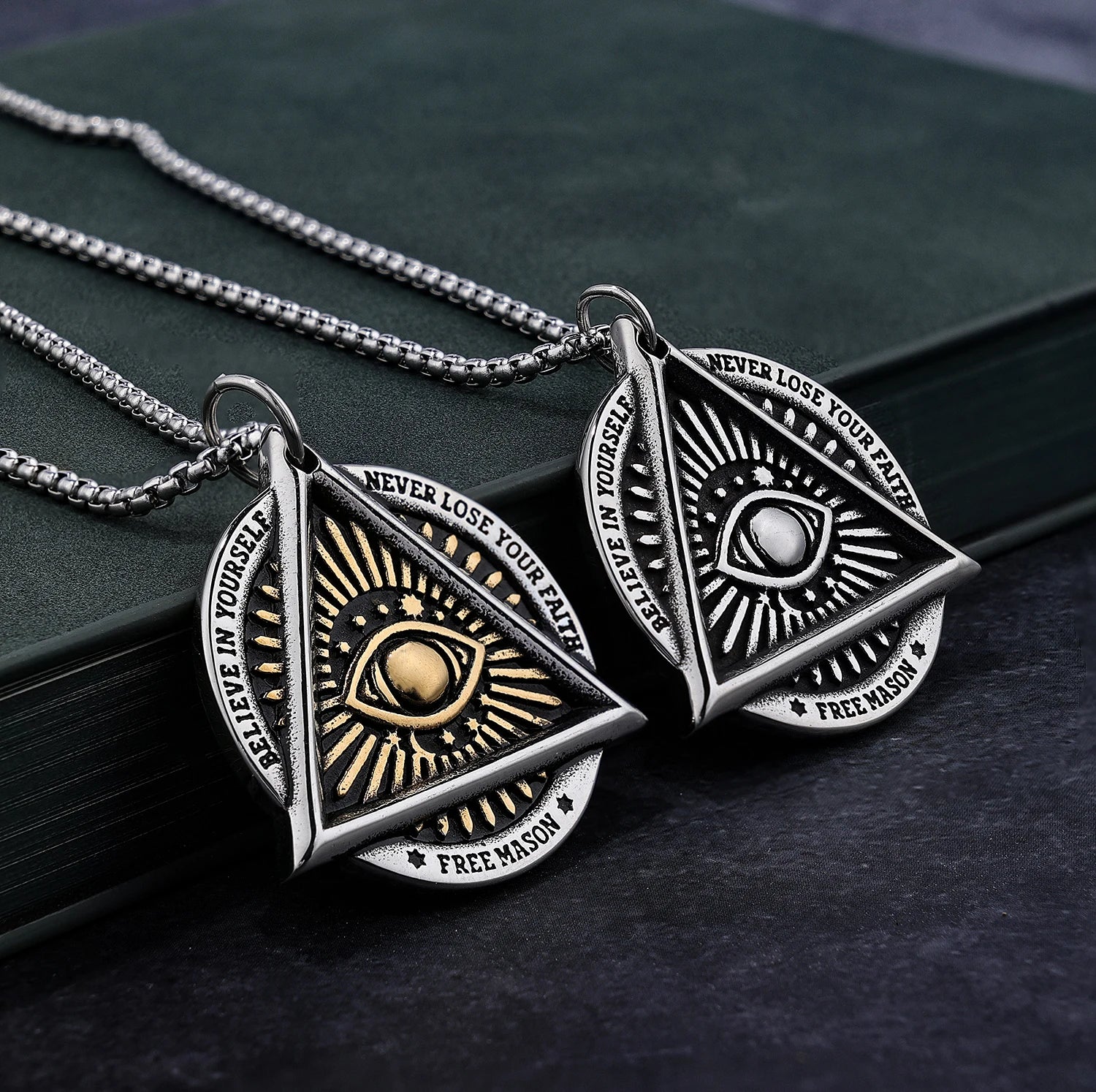 Never Lost Your Faith Illuminati All Seeing Eye Stainless Steel Freemason Masonic Pendant Necklace for Men Women