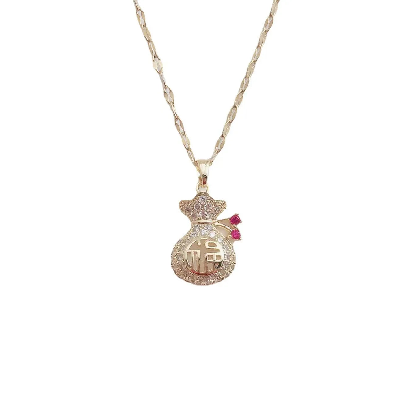 Three Kinds of Money Lucky Bag Zircon White Jade Pendant Necklace Women's Fashion Design Sense Titanium Steel Necklace