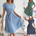 New Lady Floral Print Pleated Dress Short Sleeve O-neck Belted Casual Dress Spring Summer Female Long Elegant A-line Dress