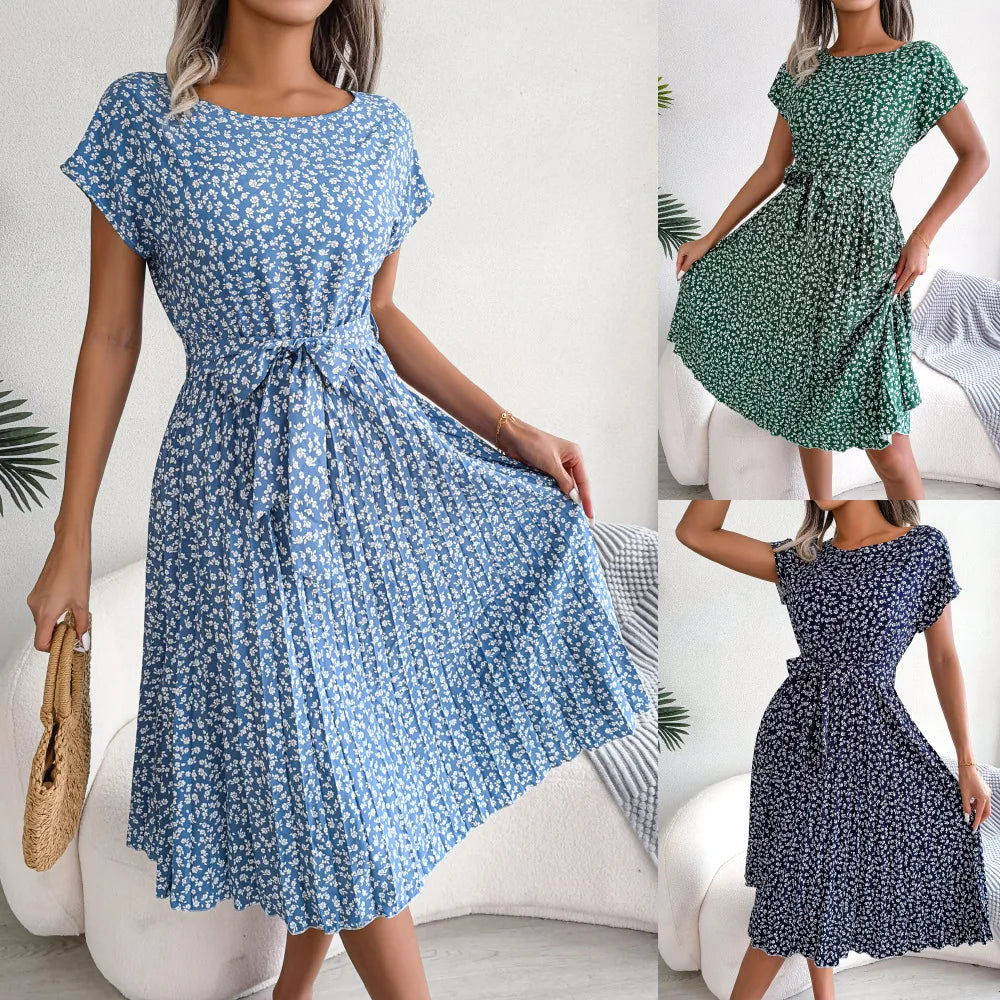 New Lady Floral Print Pleated Dress Short Sleeve O-neck Belted Casual Dress Spring Summer Female Long Elegant A-line Dress