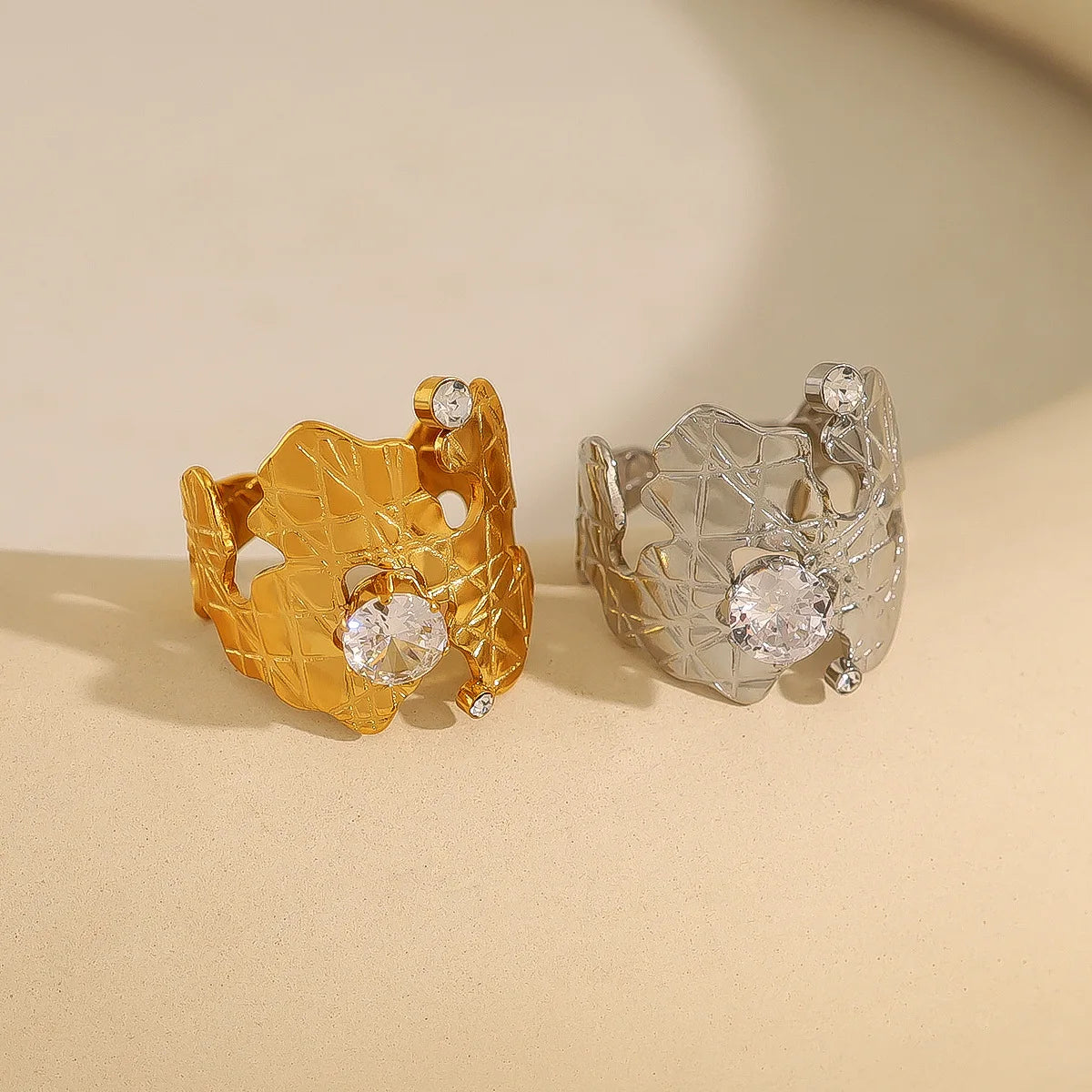 Hyperbole Style 18K Gold Plated Waterproof Irregular Texture Zircon Hollow Stainless Steel Open Ring