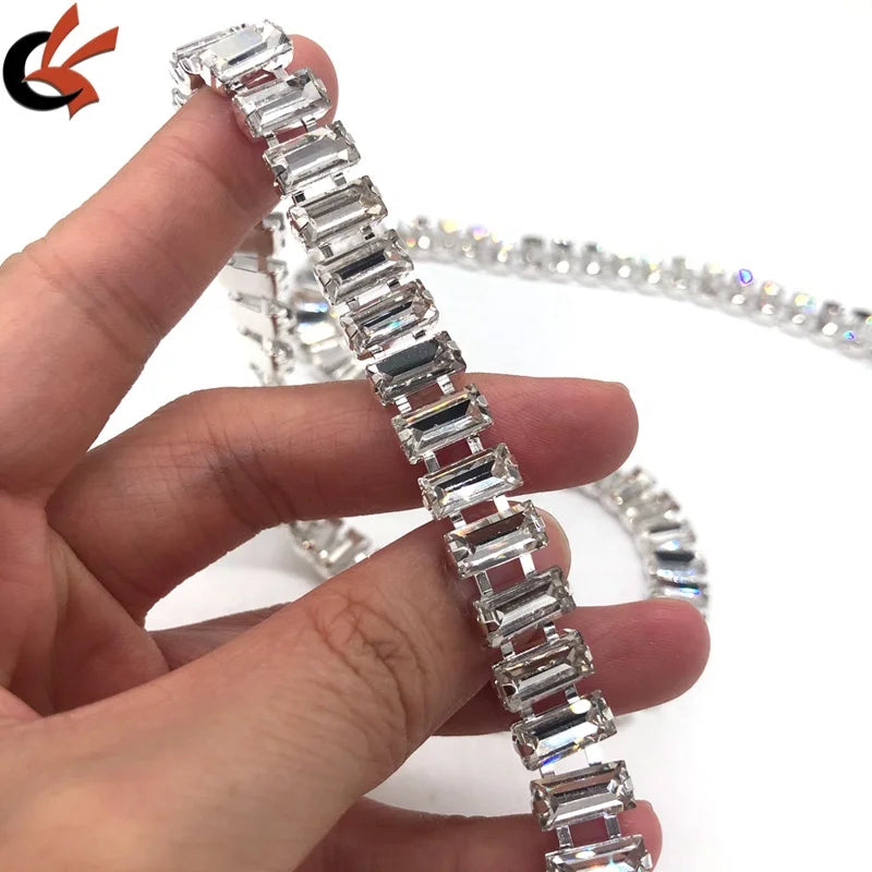 Silver Base Rhinestone Chain Trimming for Wedding Dresses 5*10mm Rectangle Clear Glass Crystals Bag Decoration Shoes Garments