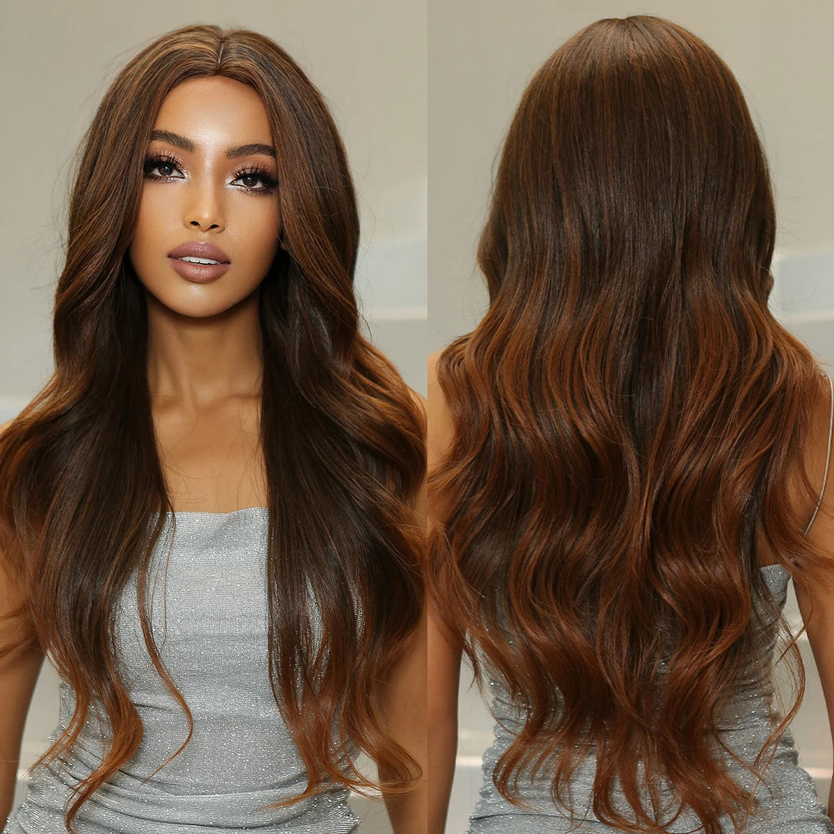 Manufacturer Brown Ombre Long Wave Synthetic Heat Resistant Fiber Wigs Middle Part for Women Afro Body Wavy Natural Hairs Wig