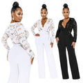 Europe Top Quality Long Sleeve Romper Waist Belt Jumpsuit Patchwork Lace V-Neck Jumpsuits