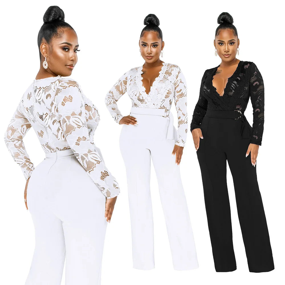 Europe Top Quality Long Sleeve Romper Waist Belt Jumpsuit Patchwork Lace V-Neck Jumpsuits