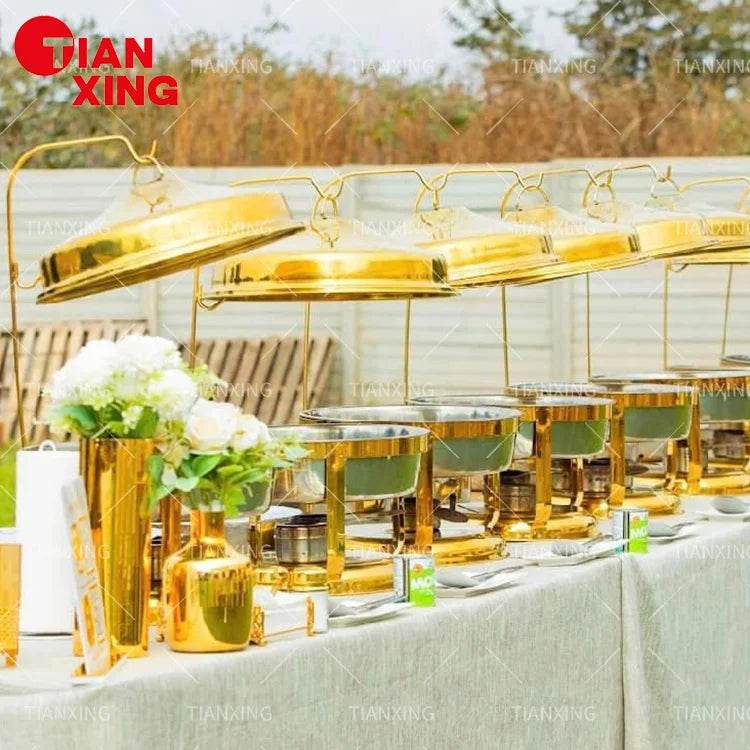TIANXING Factory Outlet Luxury Gold 4.5L 9L Hanging Lid Chafing Dish Buffet Food Warmer Serving Chaffing Dish for Restaurant MegaBDM