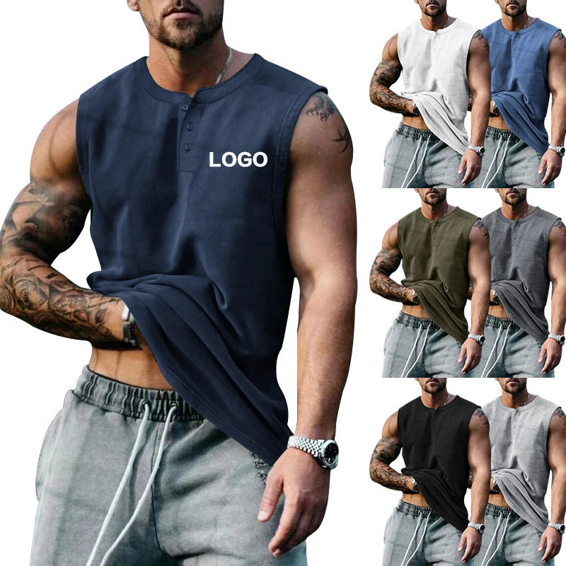 Men's Hip Hop Sleeveless Tank Top Plus Size Plain Thick Vest with Button Decoration for Summer Gym Basketball Streetwear