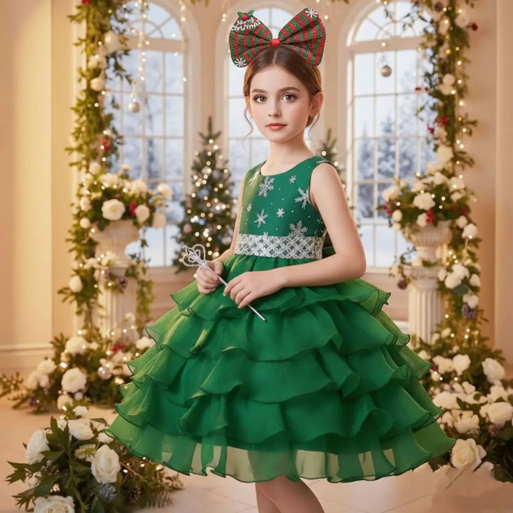 Western Style Red Christmas Evening Dresses for Girls of 10 Year Old Sequin Kid Birthday Dress Fluffy Organza Girl Party Dresses