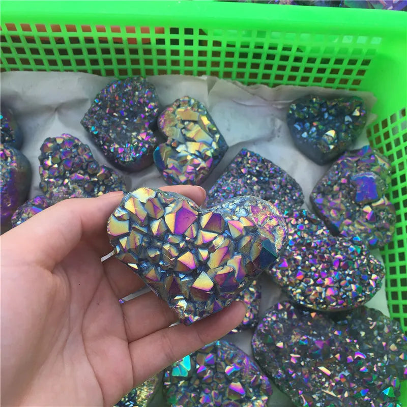 Rainbow Titanium Aura Amethyst Cluster Heart Shaped Crystals Healing Stones Gifts Feng Shui Crafts MegaBDM