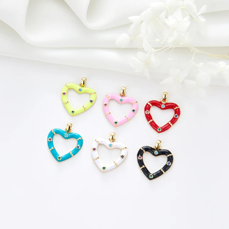 Hot Selling 14K Gold Plated Diy Jewelry Accessories Colorful Enamel Heart Shape Zircon Pendant Bracelet Necklace Making Charms
