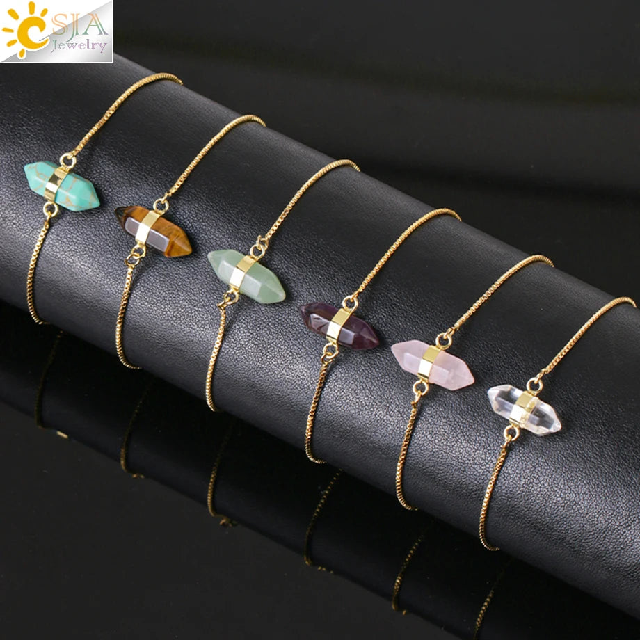 CSJA Wholesale Crystal Quartz Hexagonal Charm Natural Healing Stones Jewelry Friendship Bracelet Stainless Steel for Women H069