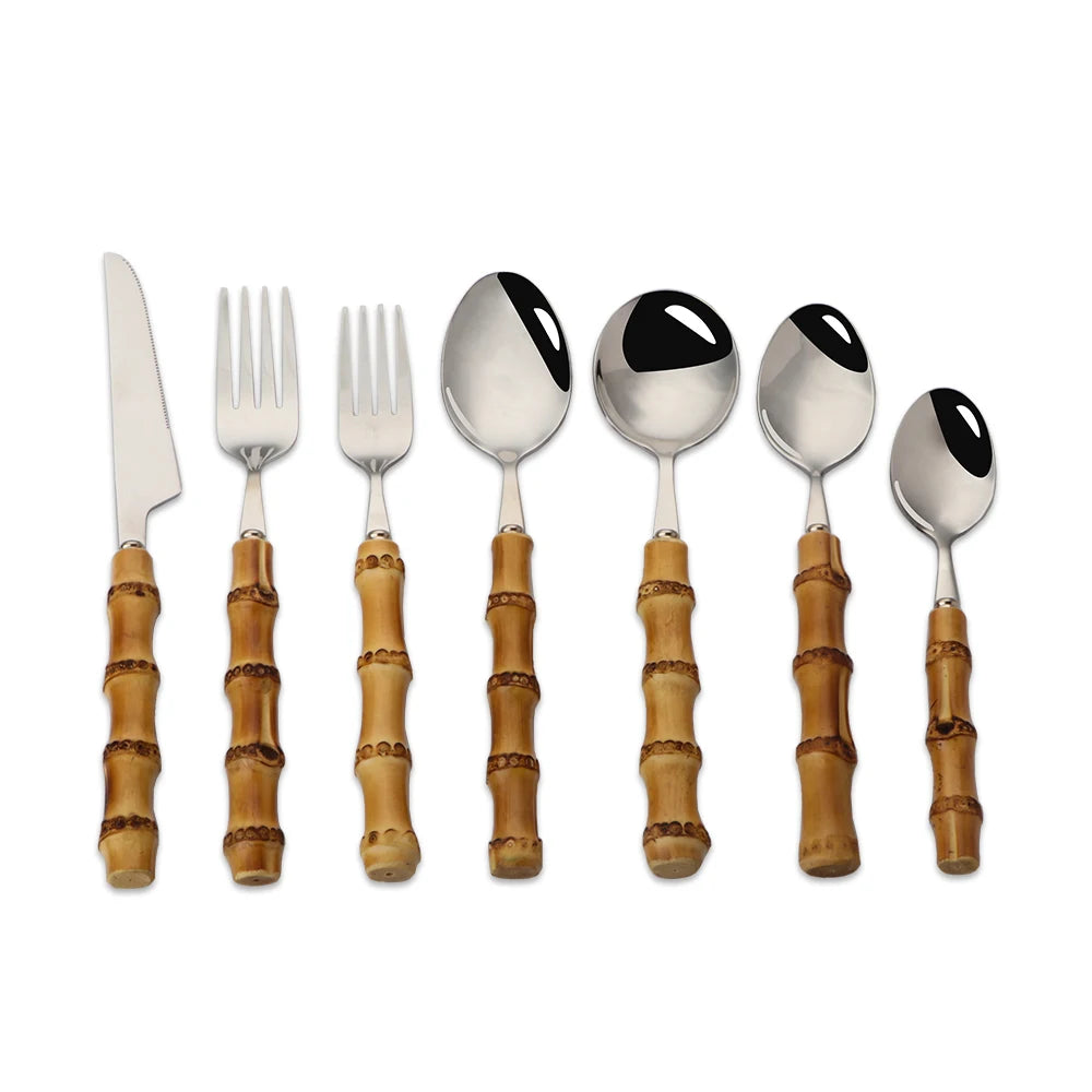 100% Real Natural Handwork Bamboo Handle Cutlery and Utensils Stainless Steel 18/8 Handmade Flatware Luxury Silverware Set