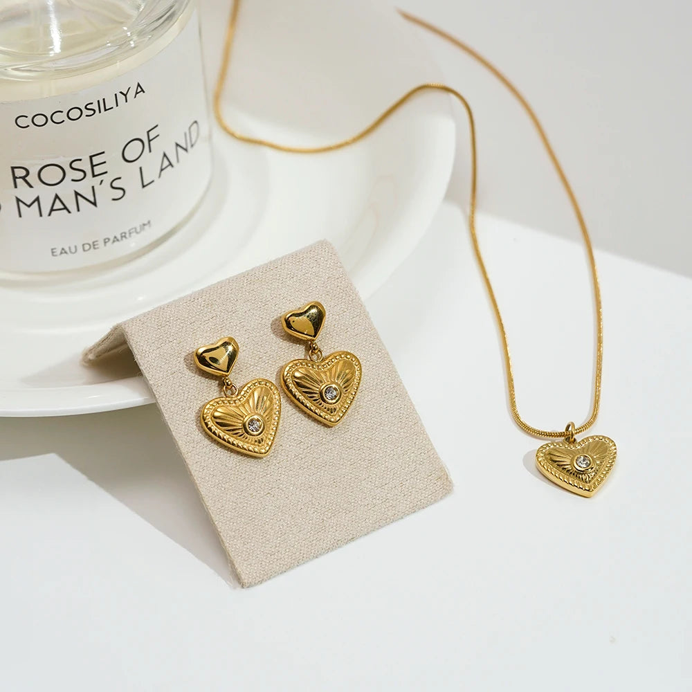 Wholesale18K Gold Plated Stainless Steel Small Love Stud Big Heart Zircon Pendant Earrings for Women Party Jewelry Set P253531