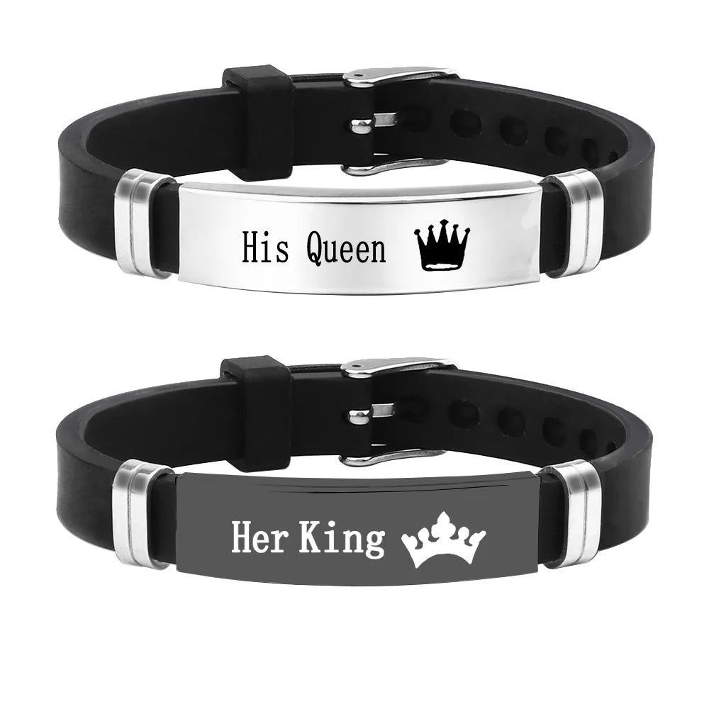 Her King His Queen Crown Engraved Silicone Letter Name Logo Couple Bracelet Set Wristband for Men