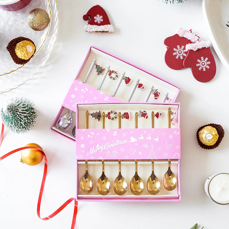 2022 Christmas Gift Stainless Steel Dessert Coffee Gold Spoon Stirring Spoon 6 Pieces Set
