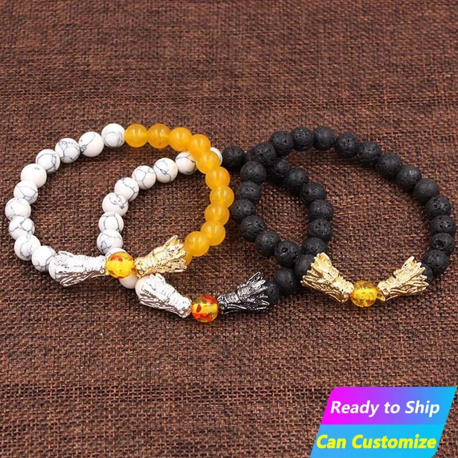 Wholesale Fashion Jewelry Stretch Gemstone Beaded Charm Turquoise Vulcanic Beads Dragon Bracelets for Men Natural Stone