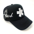 Custom Loose Embroidery Logo Full Black Foam Mesh Embroidered Trucker Hat White Thread Trucker Hat