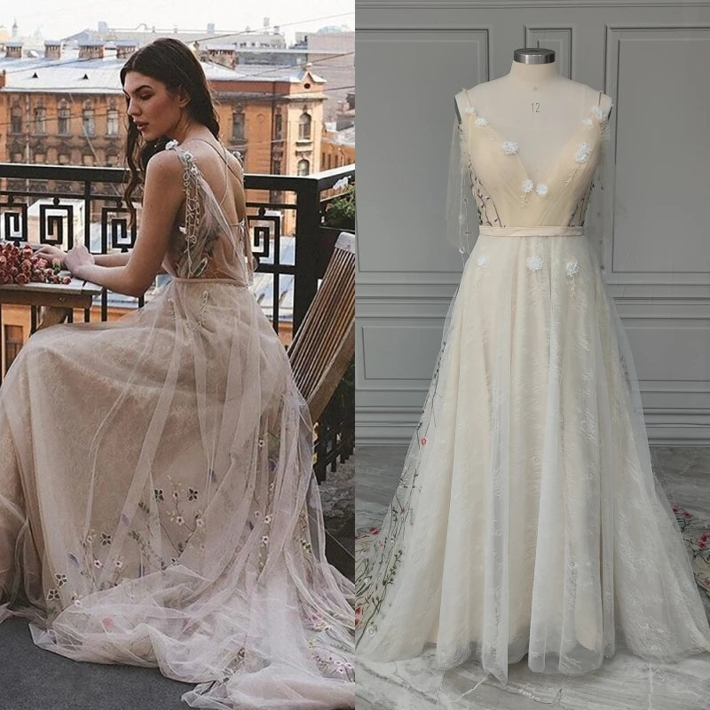 12846# Real Photos Embroidery Dreamy Floral Lace Bohemian Backless A-line Wedding Dress Bridal Gowns for Women