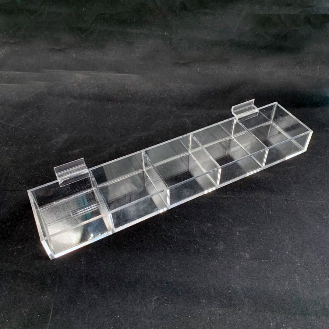 Customized Thick Clear Acrylic Light Duty Display Stand with Slatwall Shelving and Multiple Grids Pre-Assembled